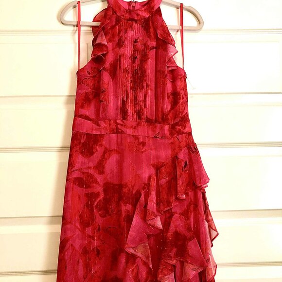 NWT AQUA Ruffle Chiffon Floral Maxi Formal Gown Fushia/Poppy 4 MSRP $258.00 - Picture 7 of 10